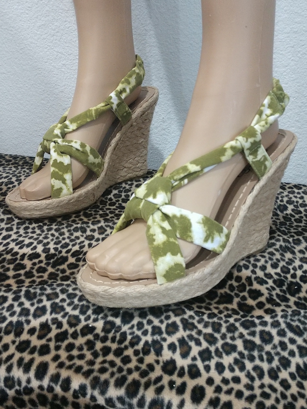N.Y.L.A. Olive and White Tie-Dye Wedge Espadrilles